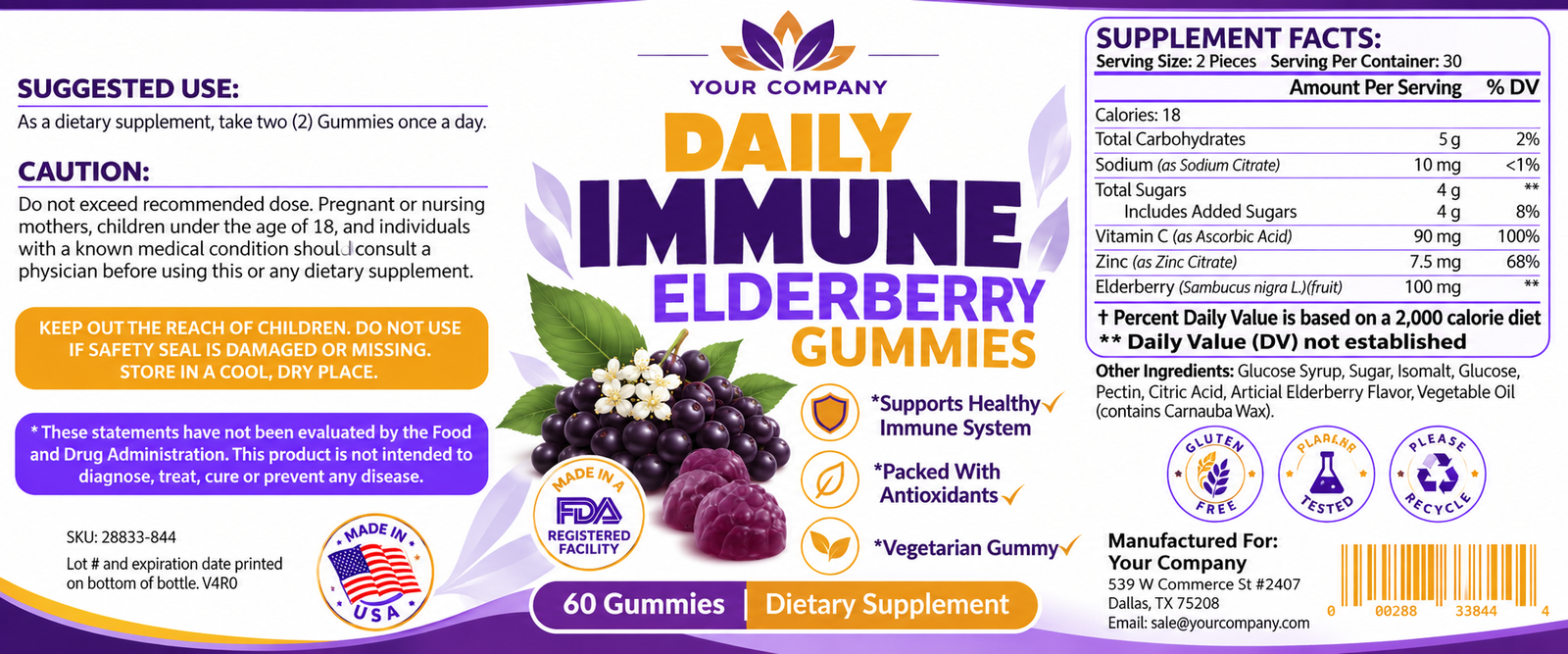 Elderberry Gummies Supplement Label – Modern & Clean Design