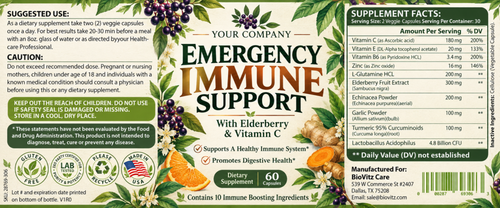 Emergency Immune Support Supplement Label – Botanical & Natural Design