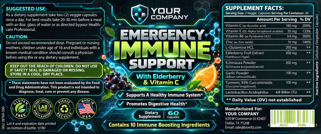 Emergency Immune Support Supplement Label – Futuristic & Neon Design