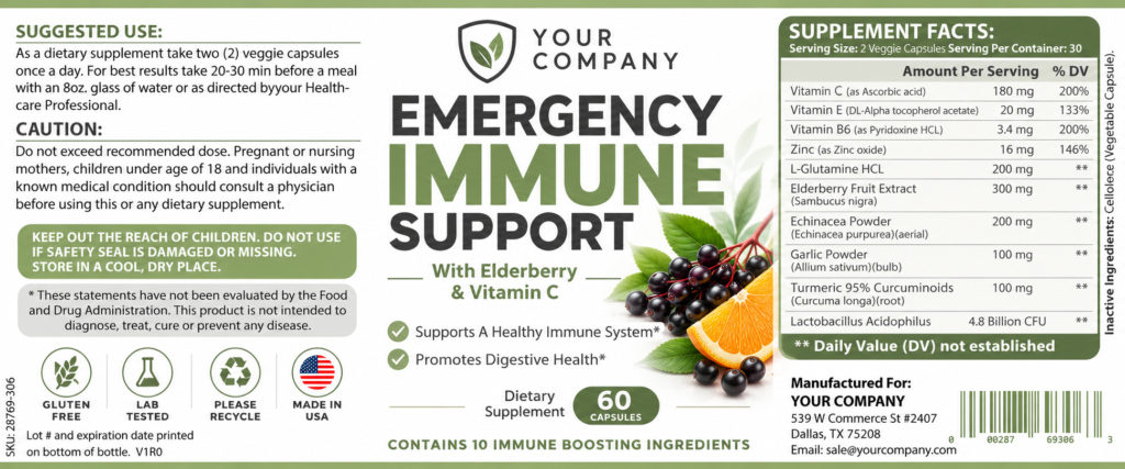 Emergency Immune Support Supplement Label – Modern & Clean Design