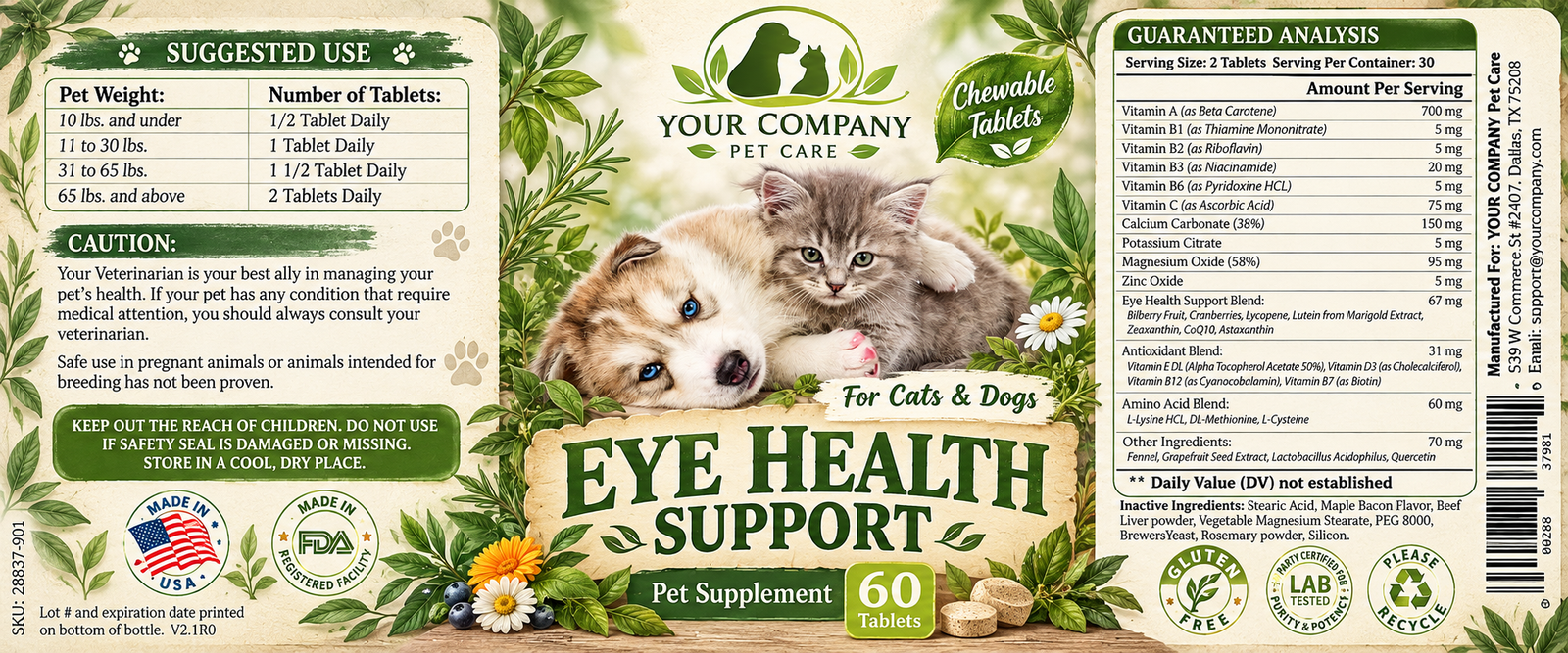 Eye Health for Pets Supplement Label – Botanical & Natural Design