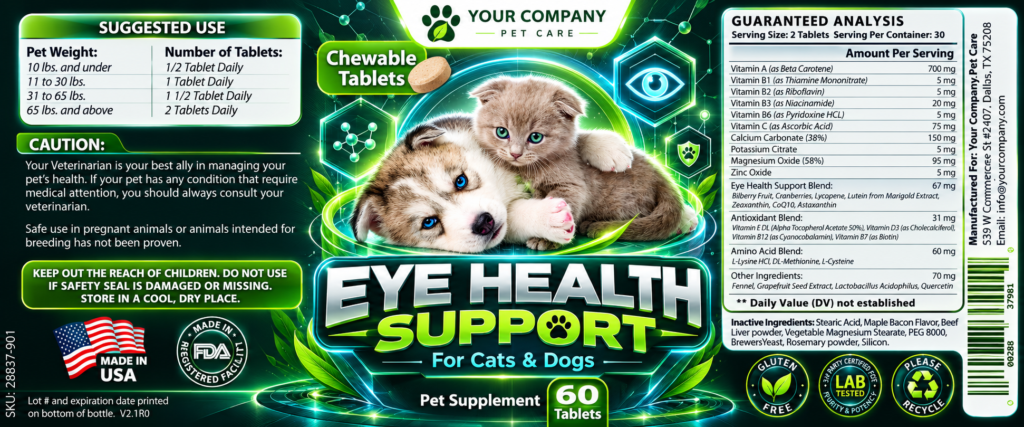 Eye Health for Pets Supplement Label – Futuristic & Neon Design