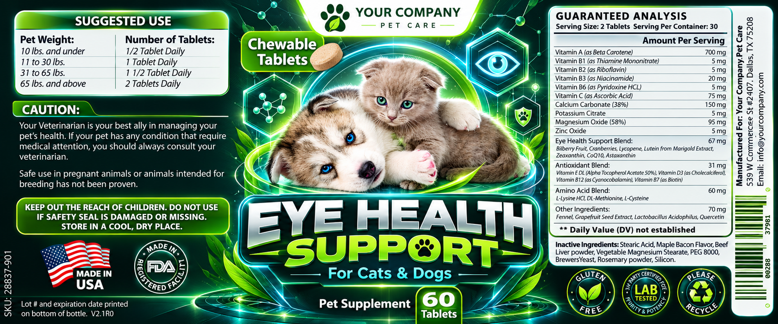 Eye Health for Pets Supplement Label – Futuristic & Neon Design
