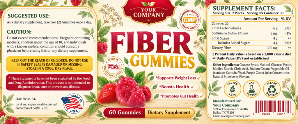 Fiber Gummies Supplement Label – Botanical & Natural Design