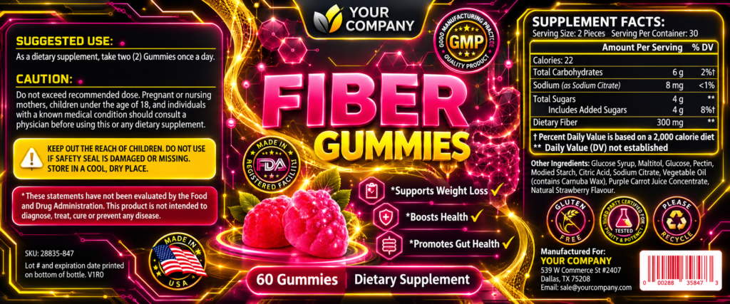 Fiber Gummies Supplement Label – Futuristic & Neon Design