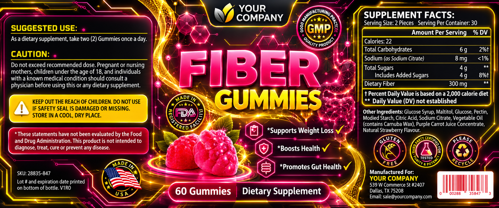 Fiber Gummies Supplement Label – Futuristic & Neon Design