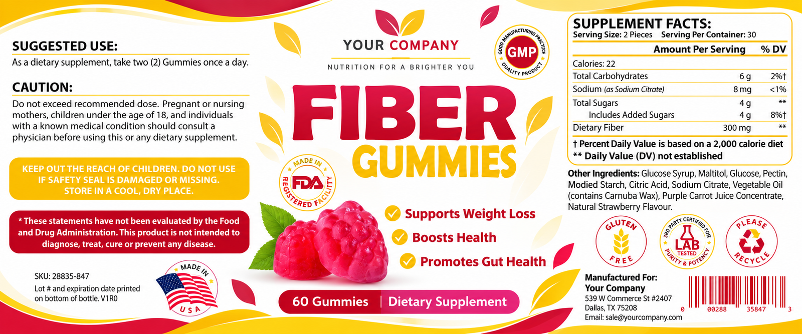 Fiber Gummies Supplement Label – Modern & Clean Design