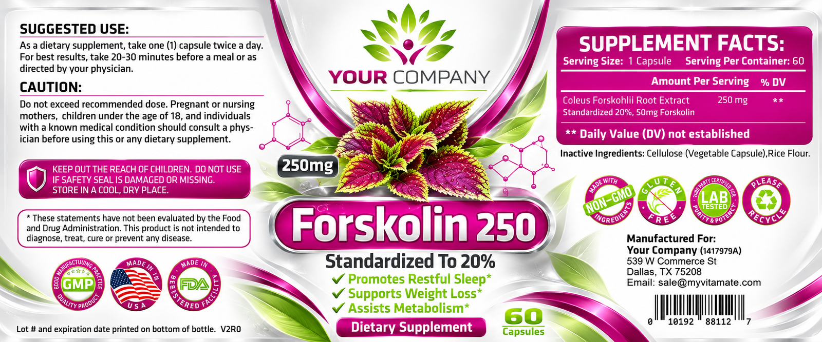 Forskolin 250mg Supplement Label – Classic & Elegant Design