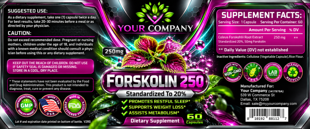 Forskolin 250mg Supplement Label – Futuristic & Neon Design