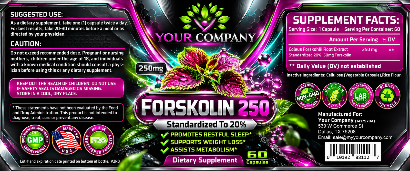 Forskolin 250mg Supplement Label – Futuristic & Neon Design