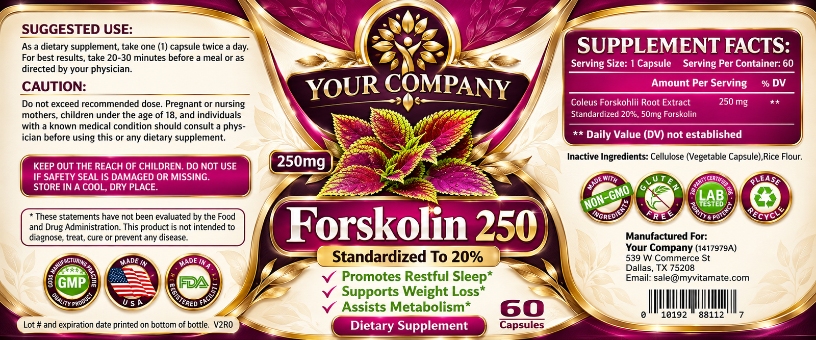Forskolin 250mg Supplement Label – Luxury & Premium Design