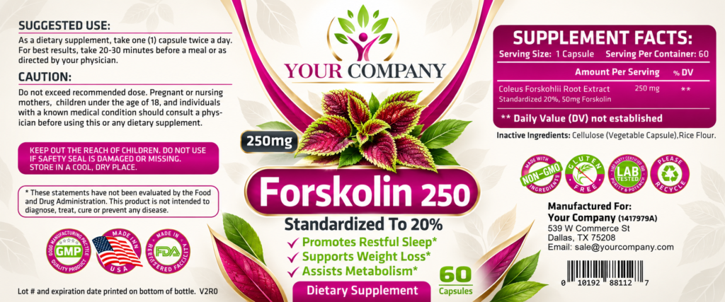 Forskolin 250mg Supplement Label – Modern & Clean Design