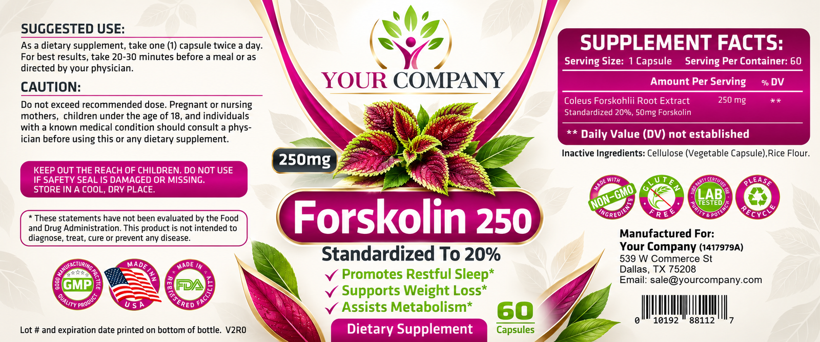 Forskolin 250mg Supplement Label – Modern & Clean Design