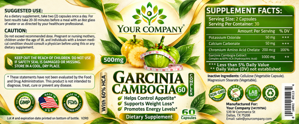 Garcinia Cambogia Complex 60% 500mg Supplement Label – Botanical & Natural Design