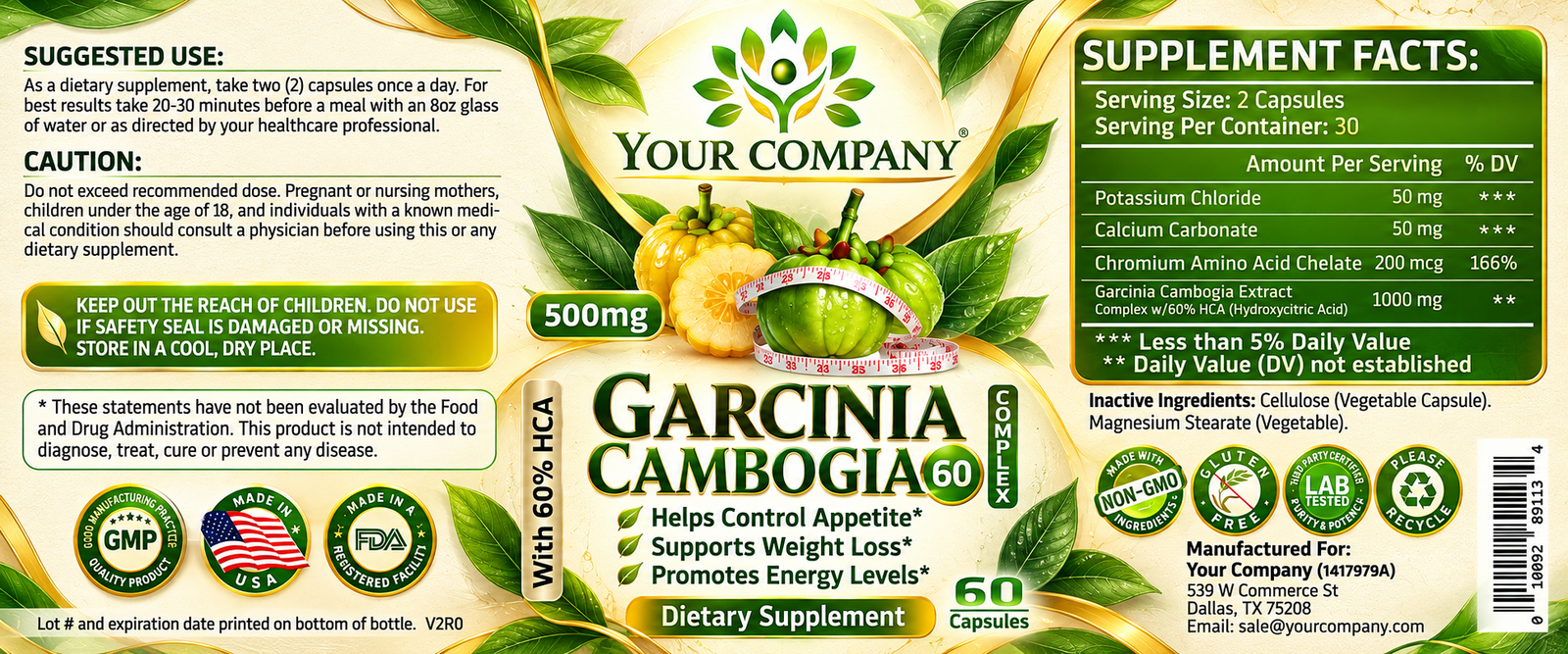 Garcinia Cambogia Complex 60% 500mg Supplement Label – Botanical & Natural Design