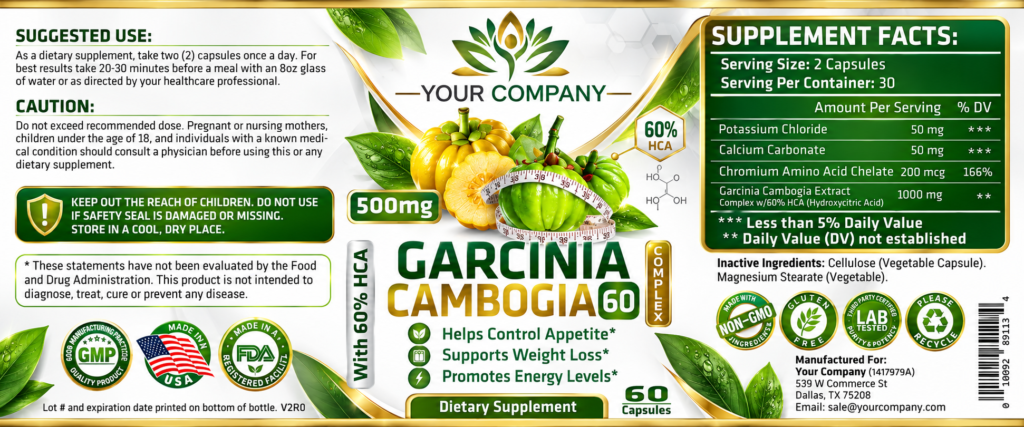 Garcinia Cambogia Complex 60% 500mg Supplement Label – Classic & Elegant Design