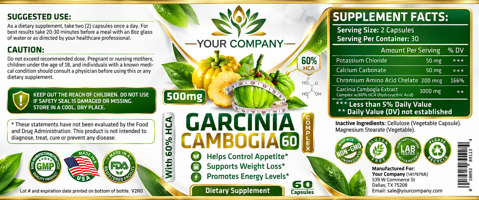 Garcinia Cambogia Complex 60% 500mg Supplement Label – Classic & Elegant Design