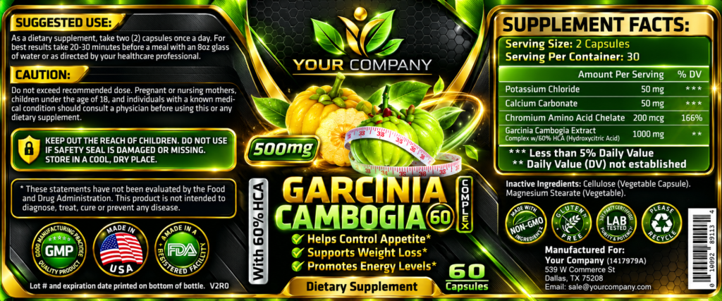 Garcinia Cambogia Complex 60% 500mg Supplement Label – Futuristic & Neon Design
