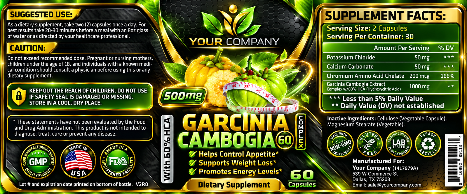 Garcinia Cambogia Complex 60% 500mg Supplement Label – Futuristic & Neon Design