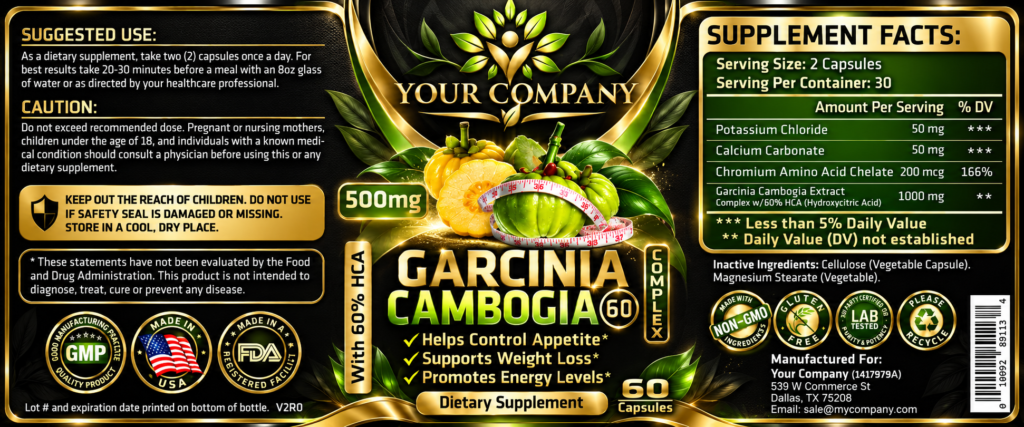 Garcinia Cambogia Complex 60% 500mg Supplement Label – Luxury & Premium Design