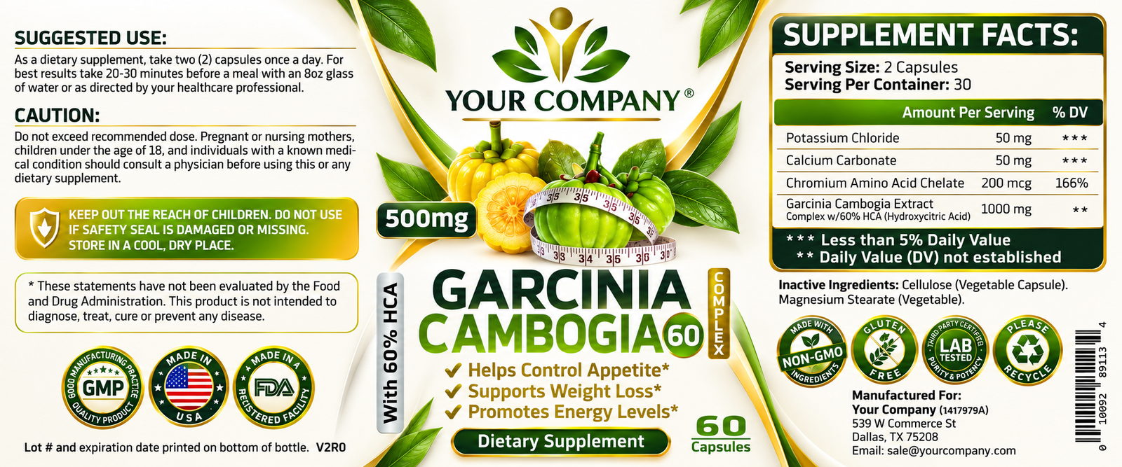 Garcinia Cambogia Complex 60% 500mg Supplement Label – Modern & Clean Design