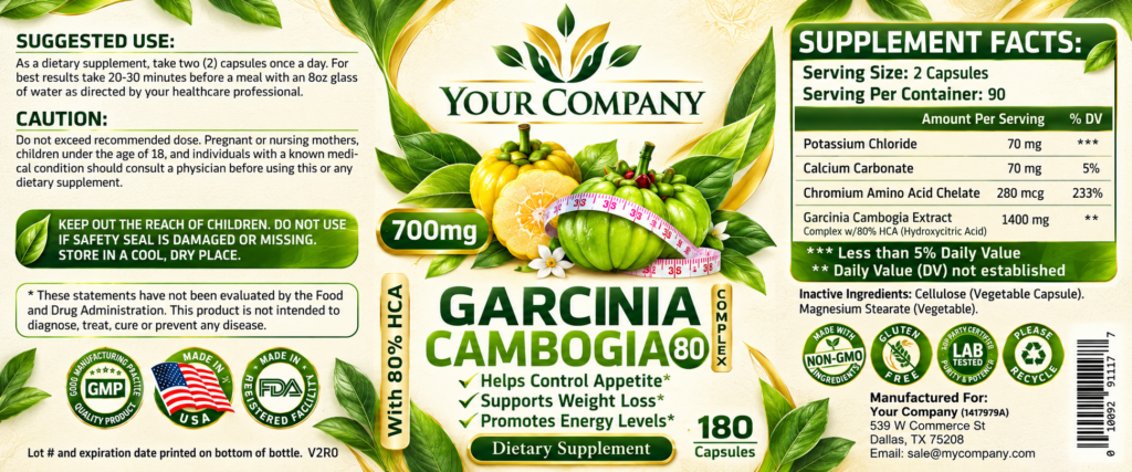 Garcinia Cambogia Complex 80% 700mg 180ct Supplement Label – Botanical & Natural Design