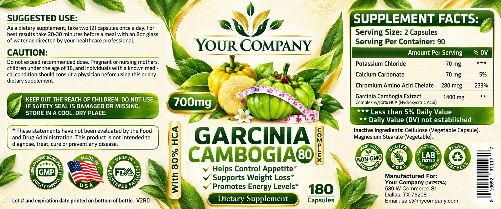Garcinia Cambogia Complex 80% 700mg 180ct Supplement Label – Botanical & Natural Design