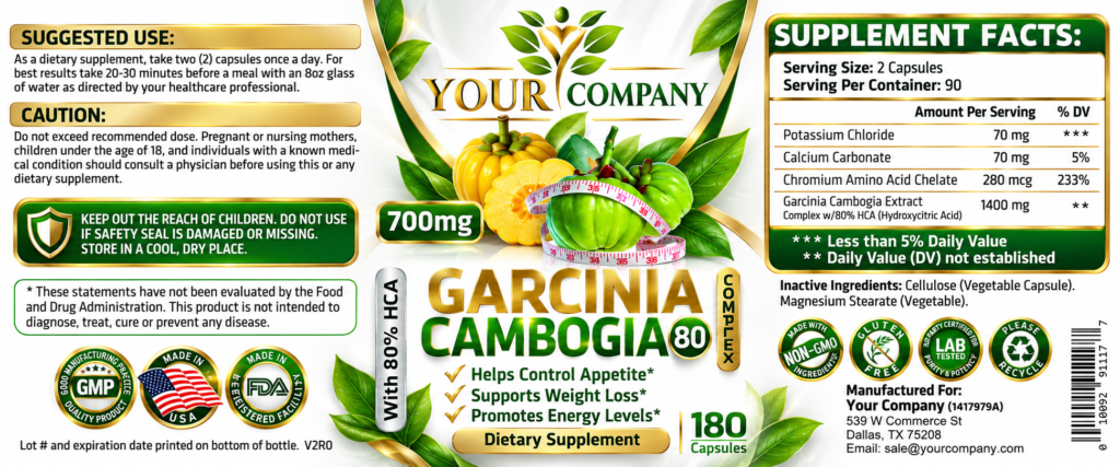 Garcinia Cambogia Complex 80% 700mg 180ct Supplement Label – Classic & Elegant Design