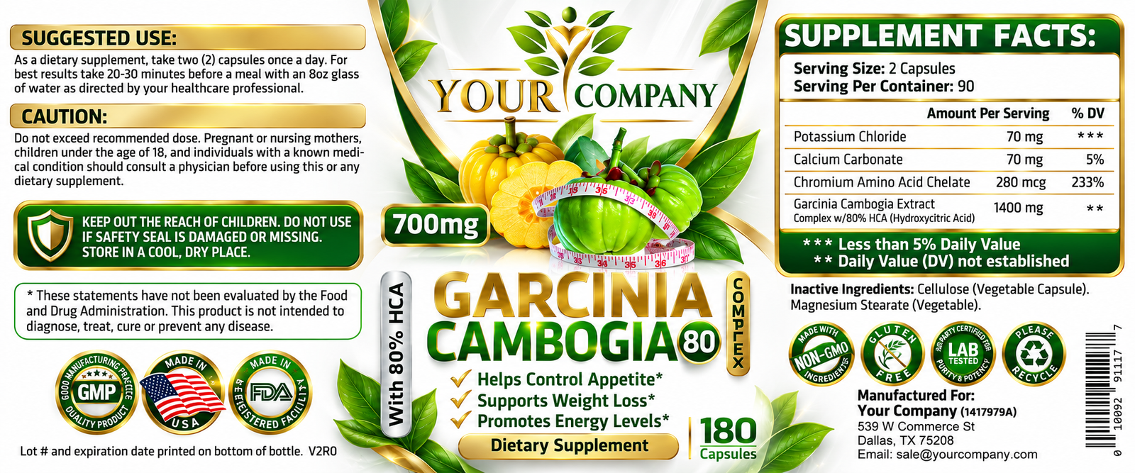 Garcinia Cambogia Complex 80% 700mg 180ct Supplement Label – Classic & Elegant Design