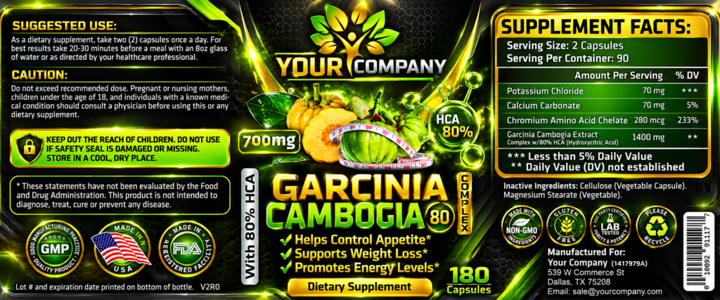 Garcinia Cambogia Complex 80% 700mg 180ct Supplement Label – Futuristic & Neon Design
