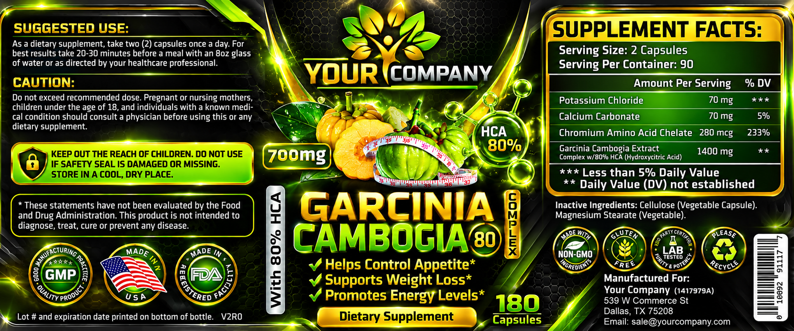 Garcinia Cambogia Complex 80% 700mg 180ct Supplement Label – Futuristic & Neon Design
