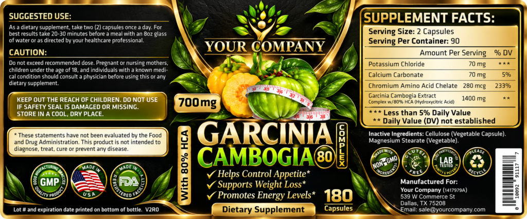 Garcinia Cambogia Complex 80% 700mg 180ct Supplement Label – Luxury & Premium Design