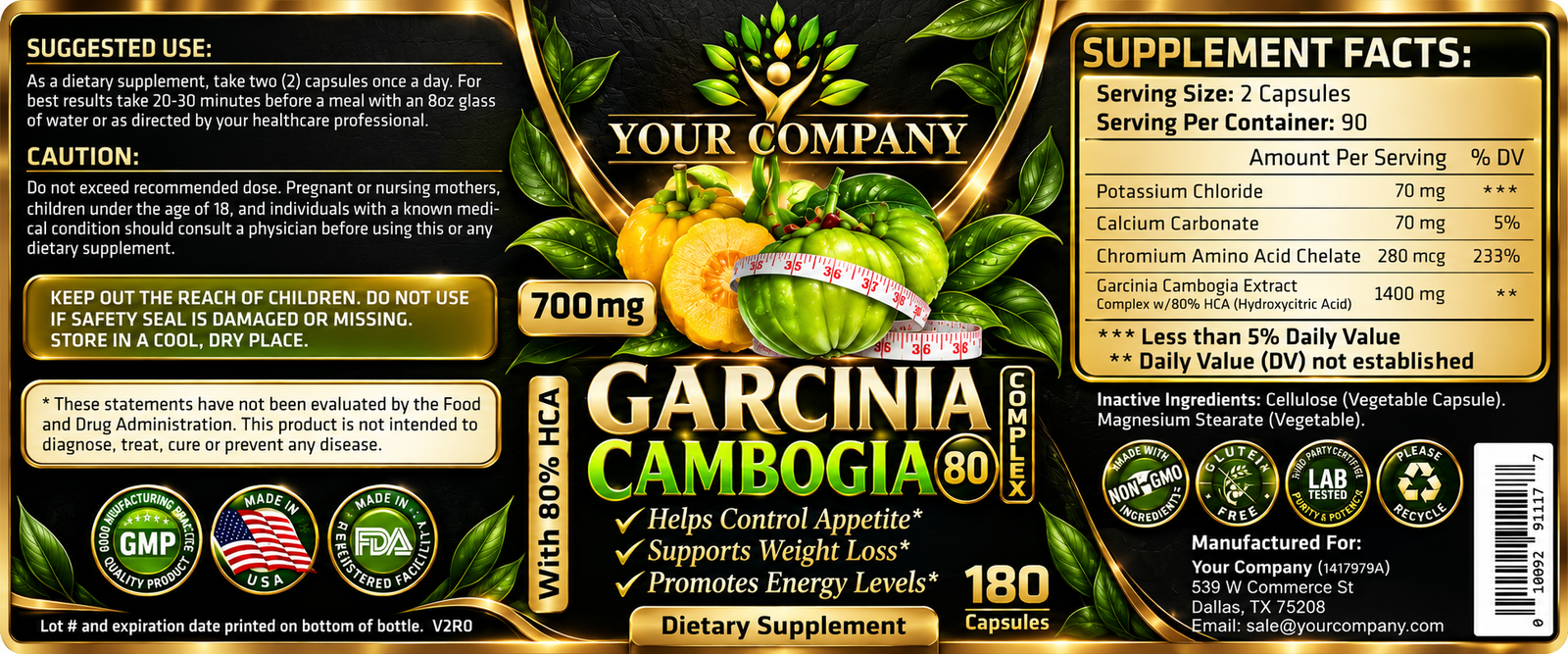 Garcinia Cambogia Complex 80% 700mg 180ct Supplement Label – Luxury & Premium Design