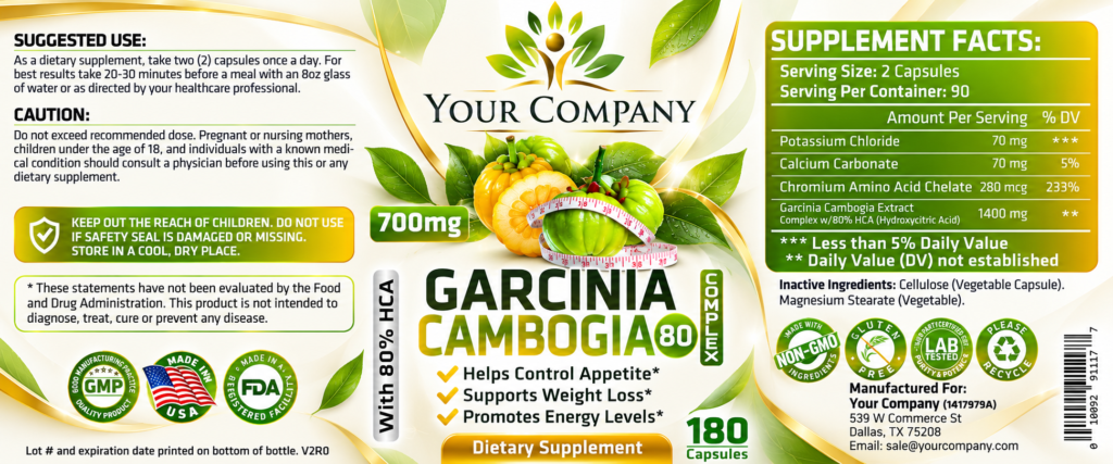 Garcinia Cambogia Complex 80% 700mg 180ct Supplement Label – Modern & Clean Design