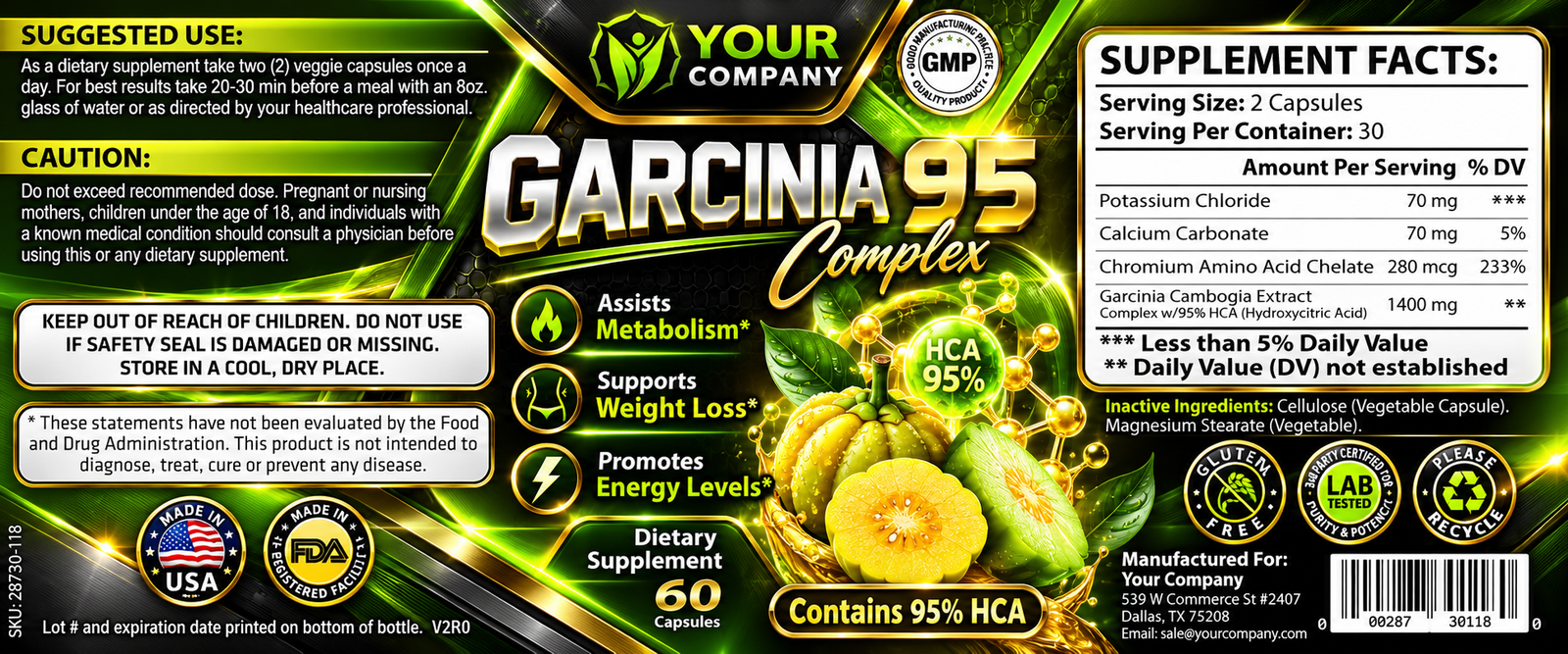 Garcinia Cambogia Complex 95% Supplement Label – Futuristic & Neon Design