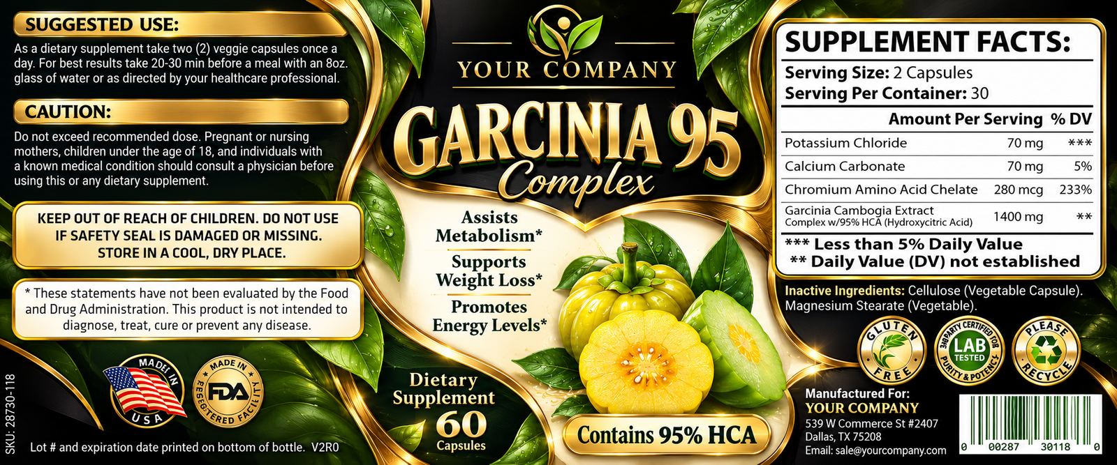 Garcinia Cambogia Complex 95% Supplement Label – Luxury & Premium Design