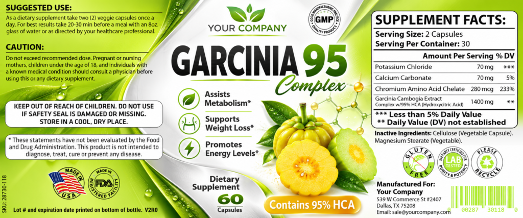 Garcinia Cambogia Complex 95% Supplement Label – Modern & Clean Design