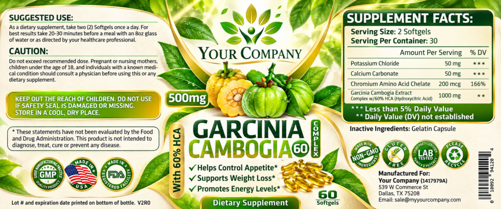 Garcinia Cambogia Complex Gel 500mg Supplement Label – Botanical & Natural Design