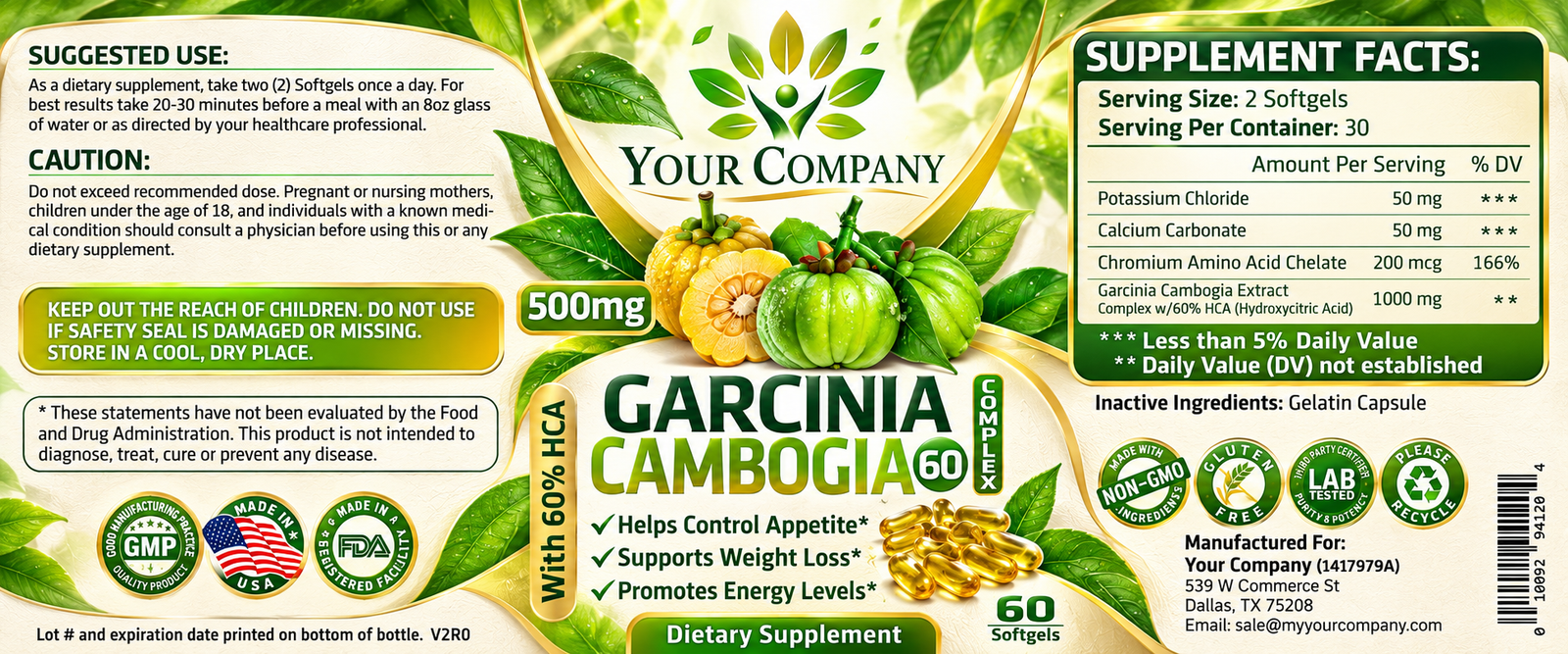 Garcinia Cambogia Complex Gel 500mg Supplement Label – Botanical & Natural Design