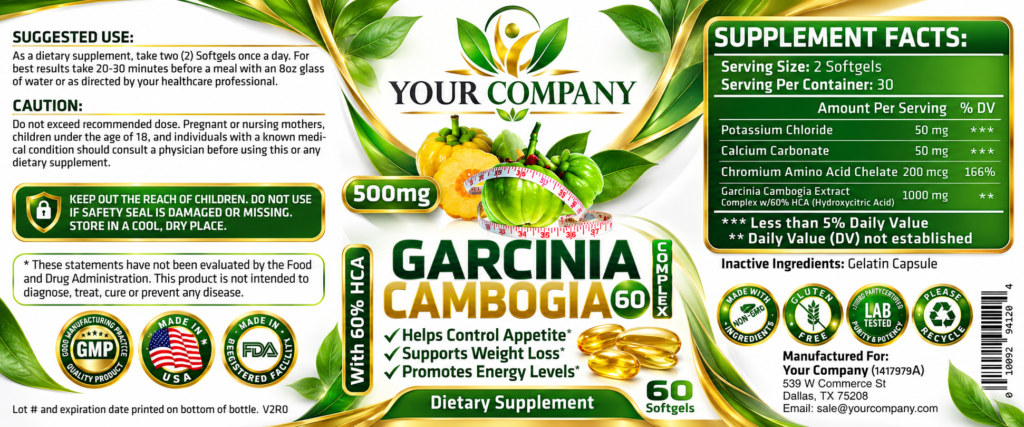 Garcinia Cambogia Complex Gel 500mg Supplement Label – Classic & Elegant Design