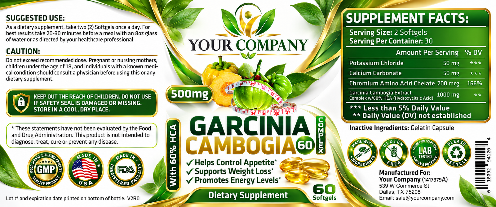 Garcinia Cambogia Complex Gel 500mg Supplement Label – Classic & Elegant Design
