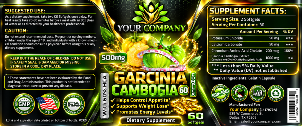Garcinia Cambogia Complex Gel 500mg Supplement Label – Futuristic & Neon Design