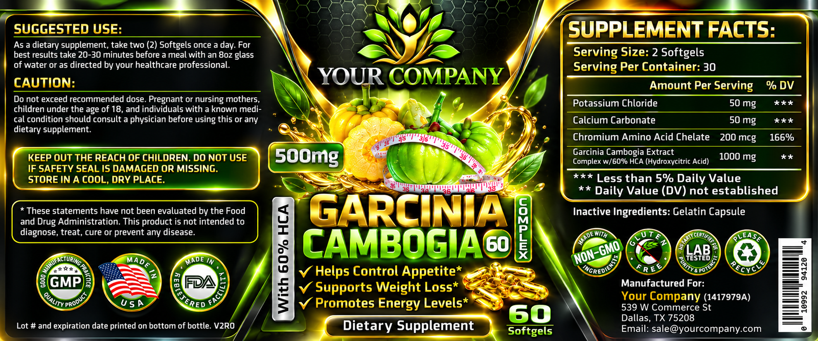 Garcinia Cambogia Complex Gel 500mg Supplement Label – Futuristic & Neon Design