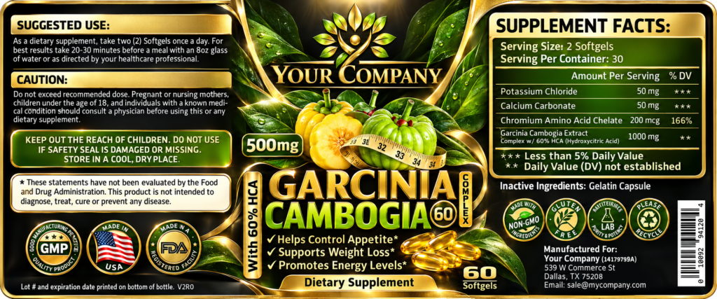 Garcinia Cambogia Complex Gel 500mg Supplement Label – Luxury & Premium Design
