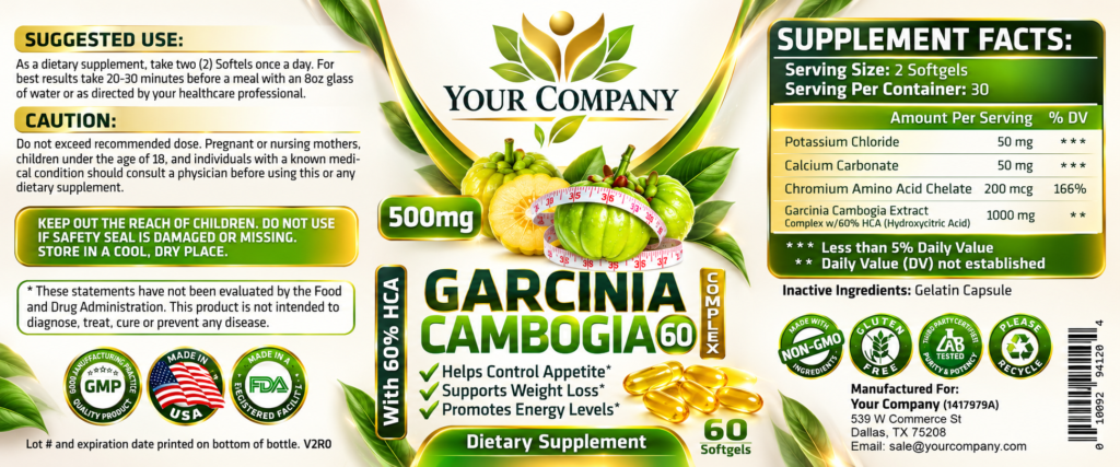 Garcinia Cambogia Complex Gel 500mg Supplement Label – Modern & Clean Design