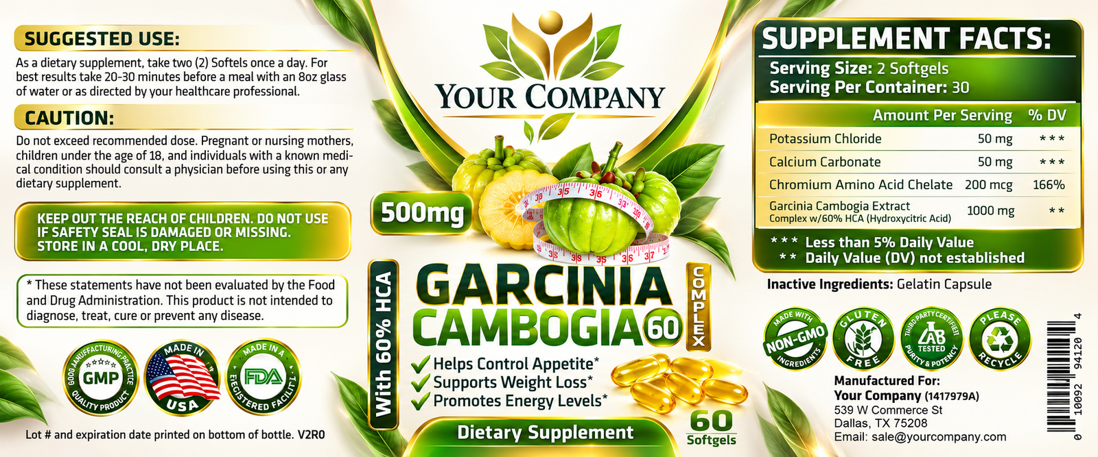 Garcinia Cambogia Complex Gel 500mg Supplement Label – Modern & Clean Design