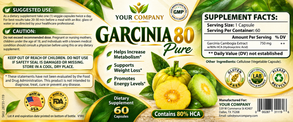 Garcinia Cambogia Pure 80% Supplement Label – Botanical & Natural Design