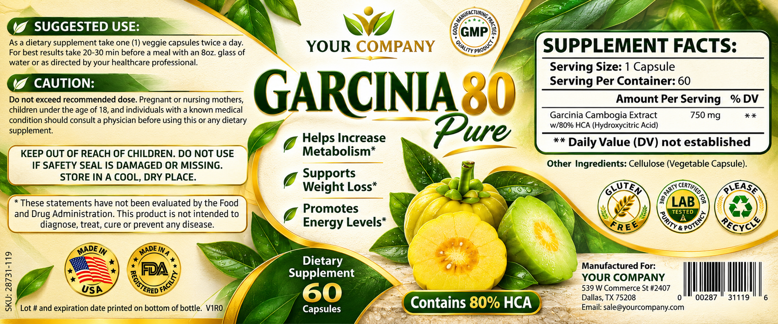 Garcinia Cambogia Pure 80% Supplement Label – Botanical & Natural Design