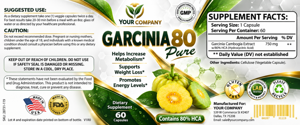 Garcinia Cambogia Pure 80% Supplement Label – Classic & Elegant Design