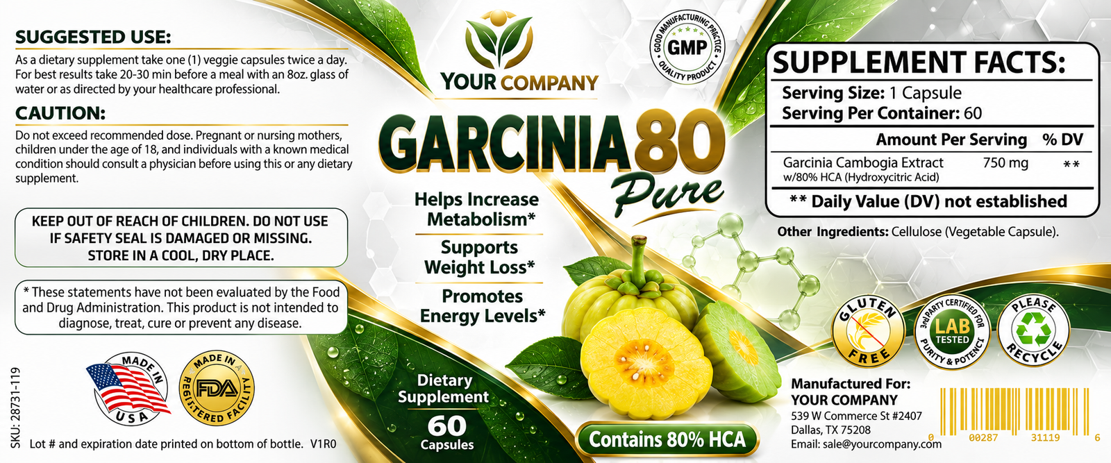 Garcinia Cambogia Pure 80% Supplement Label – Classic & Elegant Design